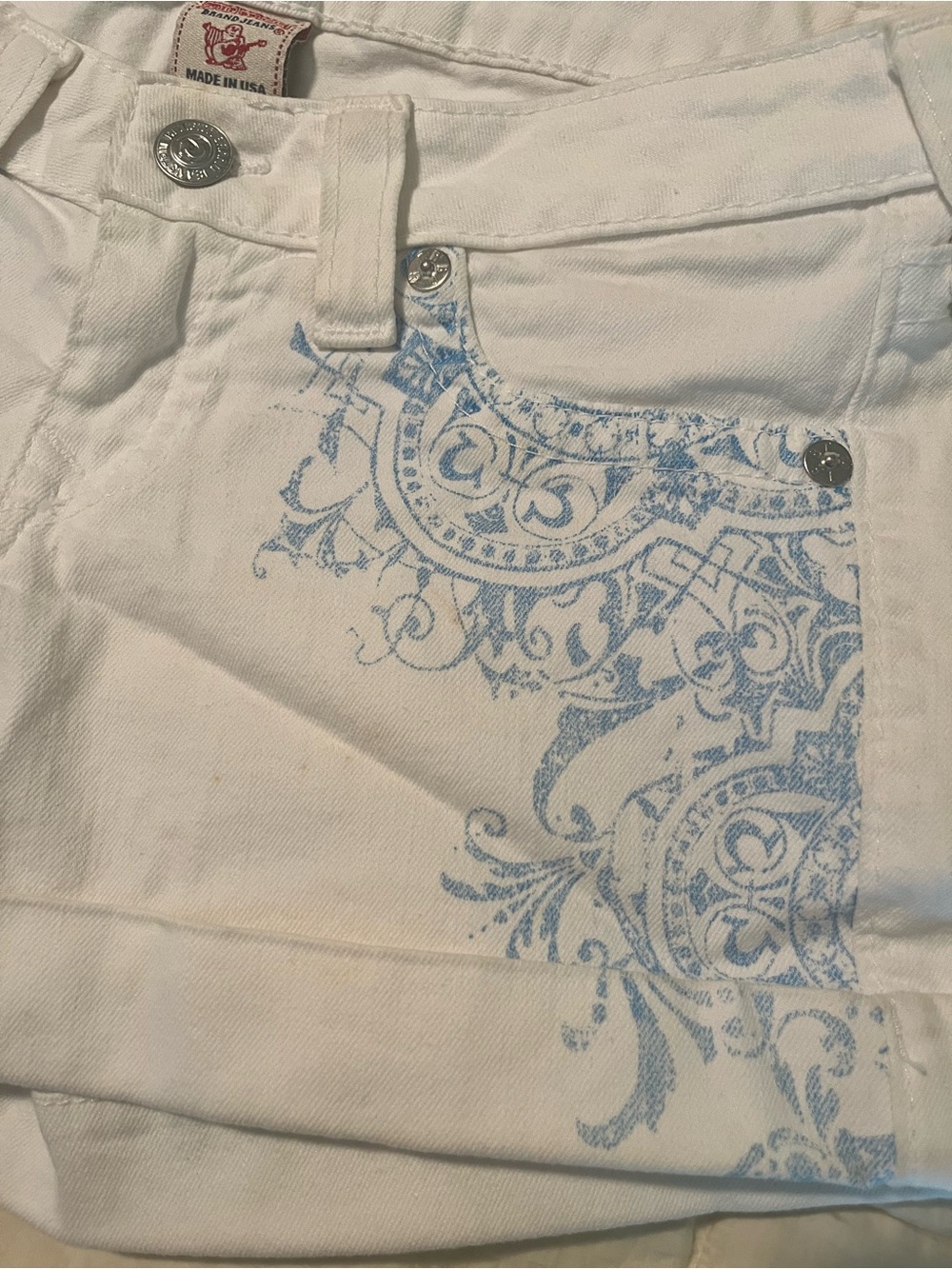True Religion White Denim Shorts with Light Blue Scroll Print - Picture 3 of 12